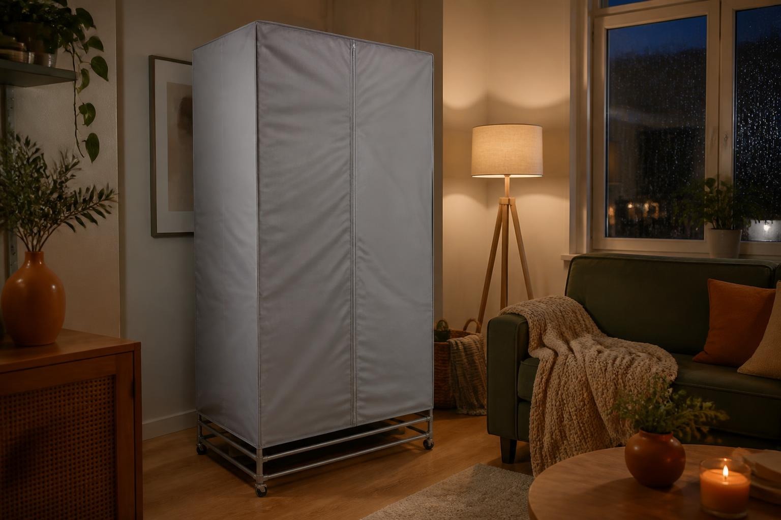 A heated airer zipped inside a grey fabric cover in a cosy living room