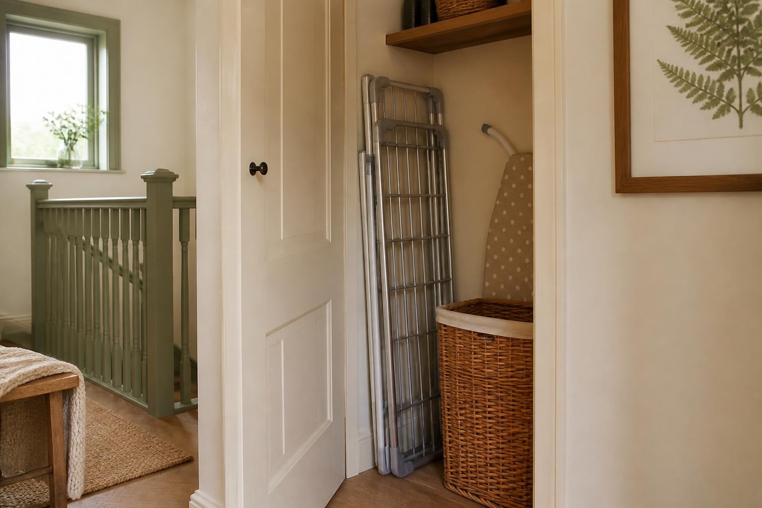 A heated airer folded flat in a hallway cupboard beside a laundry basket