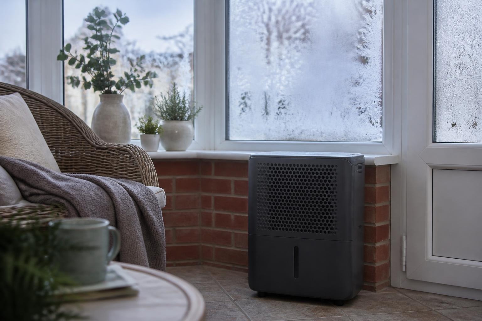 A dark grey desiccant dehumidifier in a cold conservatory with frost on the windows