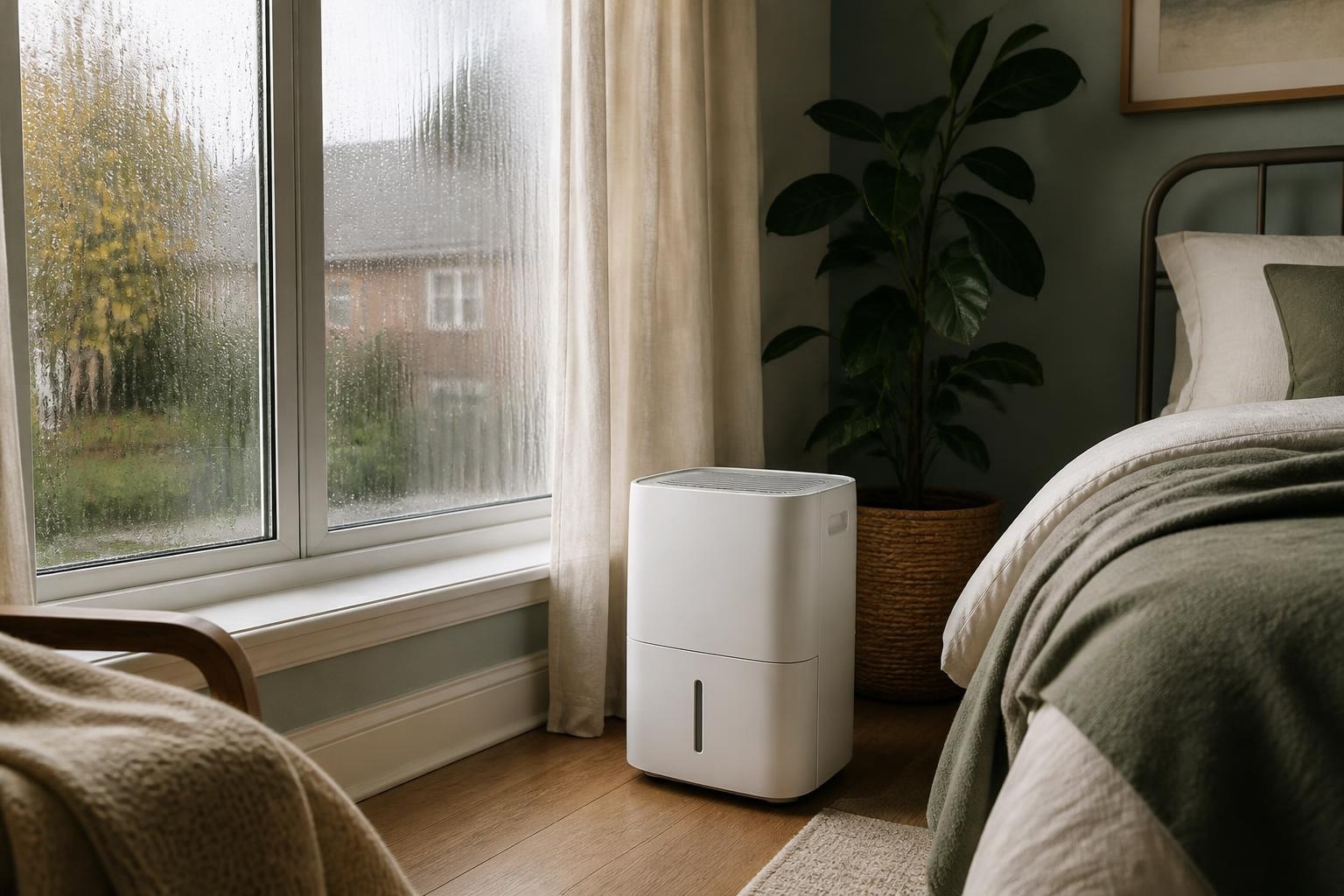 A white dehumidifier beside a bedroom window covered in condensation on an autumn morning
