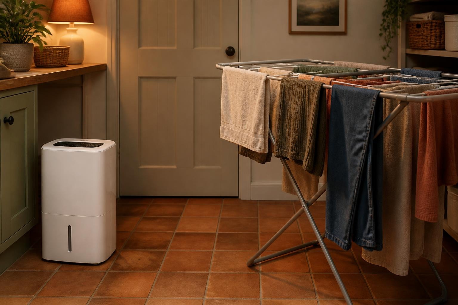 A dehumidifier running beside a clothes airer full of drying washing in a small utility room