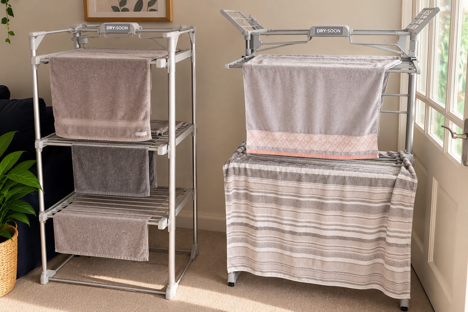 Two Dry:Soon heated airers in use, one with towels on each tier and one with a large throw laid across the top