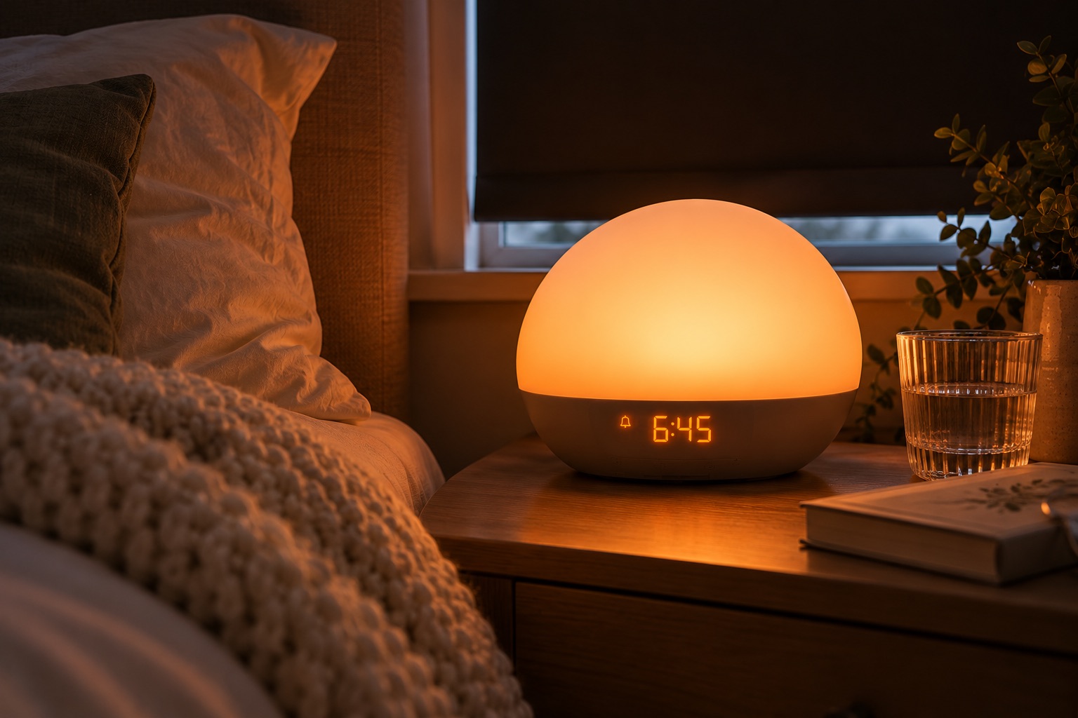 A sunrise alarm clock glowing orange with its alarm set for 6:45, beside a bed with blackout blinds pulled down