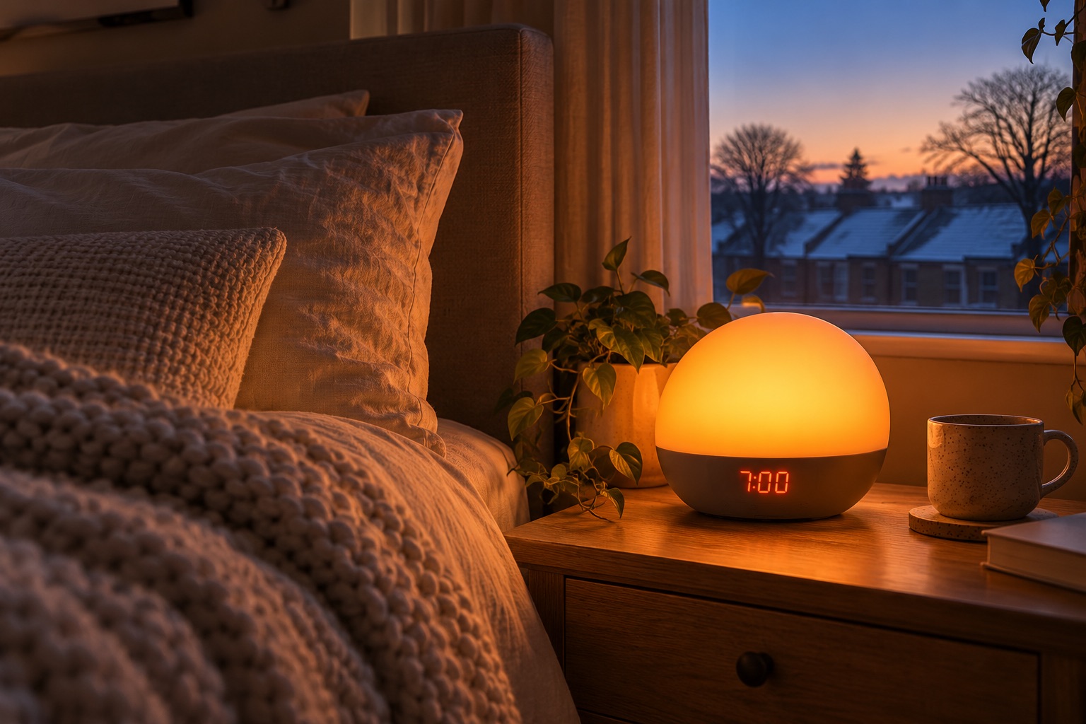 A round sunrise alarm clock glowing warm orange on a bedside table at 7:00, with frosty terraced rooftops and a dawn sky outside the window