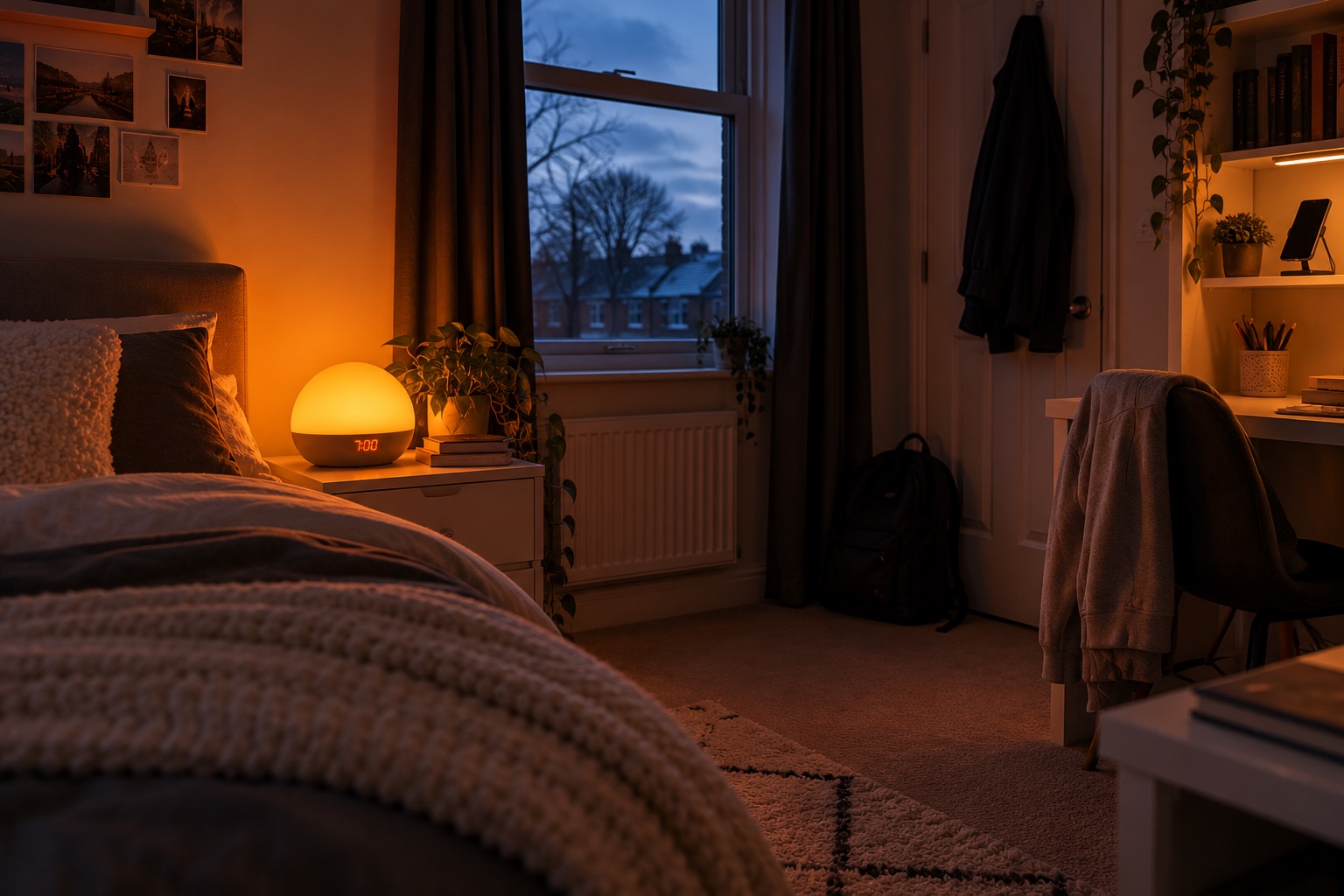 A teenager’s bedroom on a dark winter school morning, with a sunrise alarm clock glowing on the bedside table and a phone charging on a shelf across the room