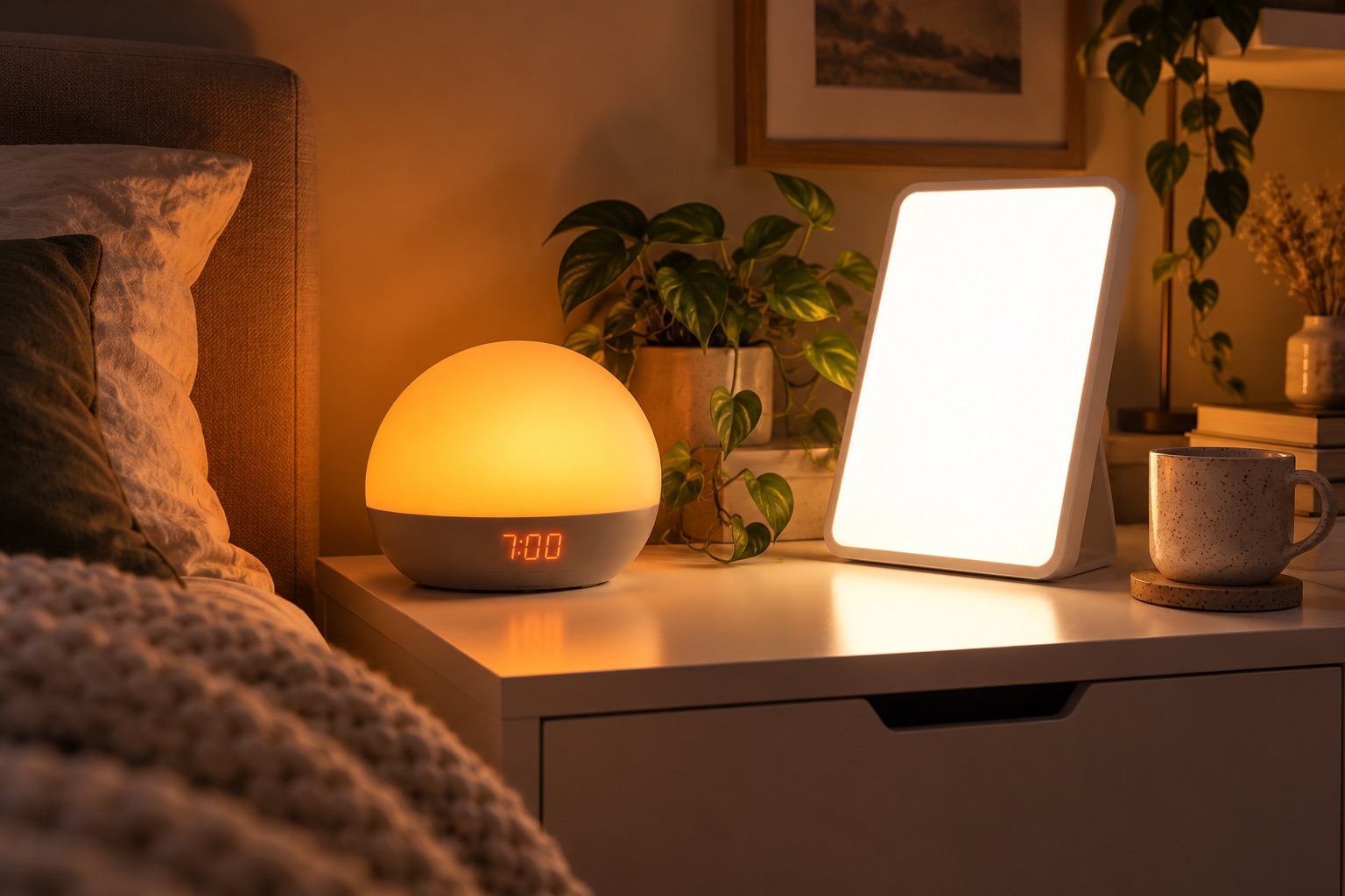 A round sunrise alarm clock glowing amber at 7:00 next to a much brighter flat white SAD light panel on a bedside table