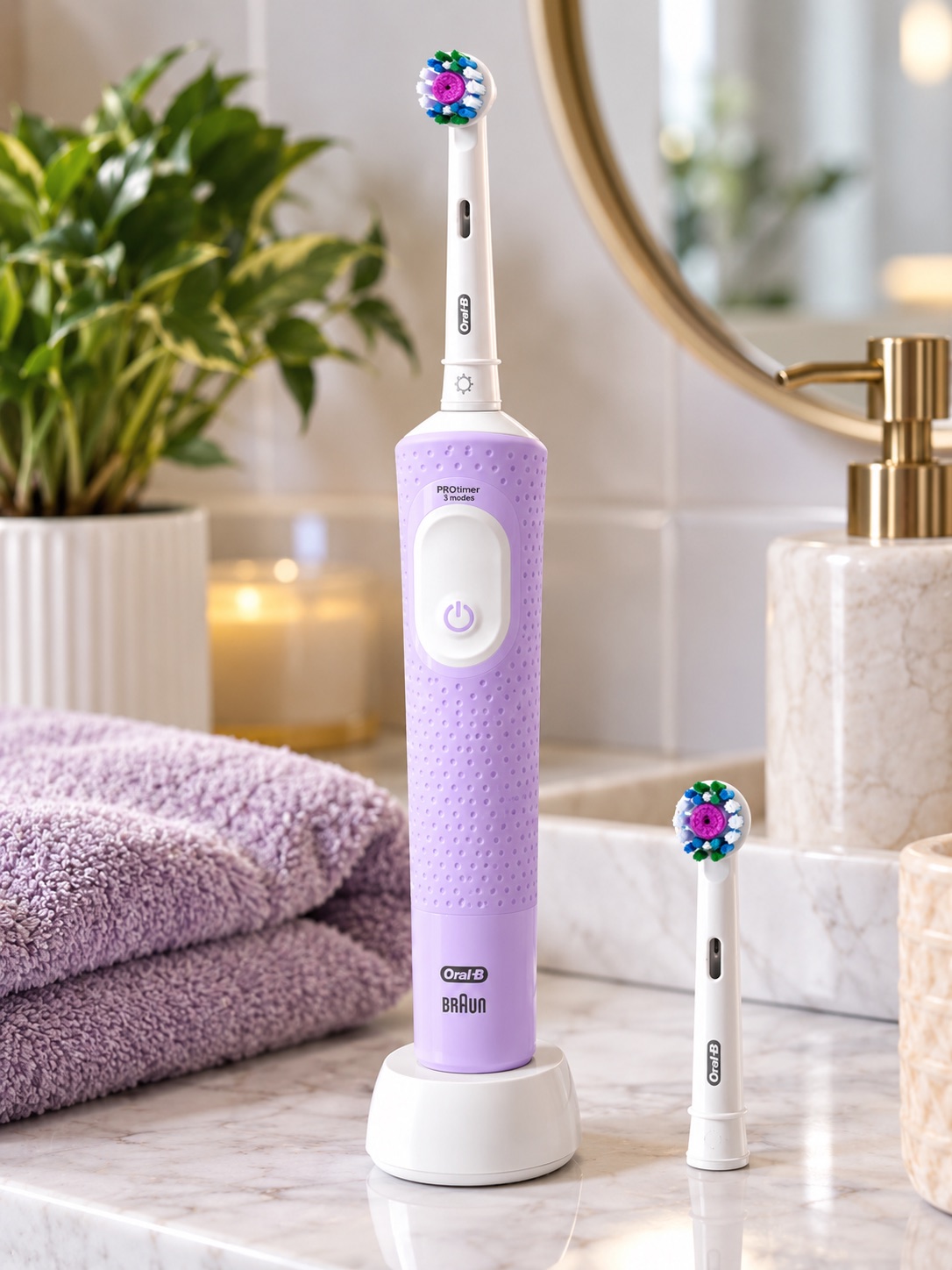 Lilac Oral-B Vitality Pro on its white charging base on a marble bathroom counter, with a spare round brush head beside it
